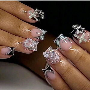 24Pcs French Press-On Nails Black White Tie-Dye Polka Dot with Star Pendant sh